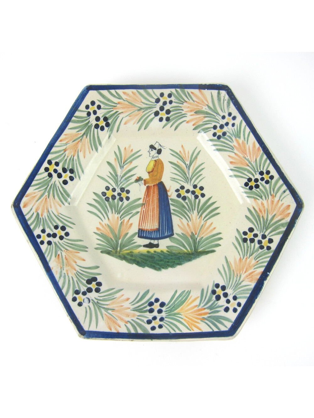 Henriot Quimper France Pottery Octagon Plate Breton Woman Demi-fantasie Border